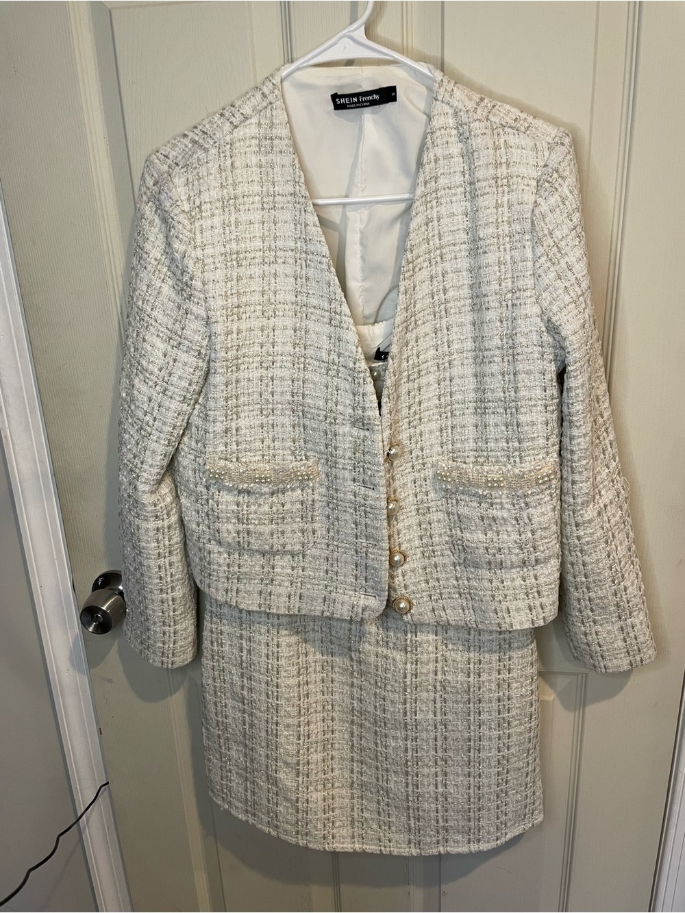 SHEIN White Tweed Pearl-Trim Jacket & Skirt Set